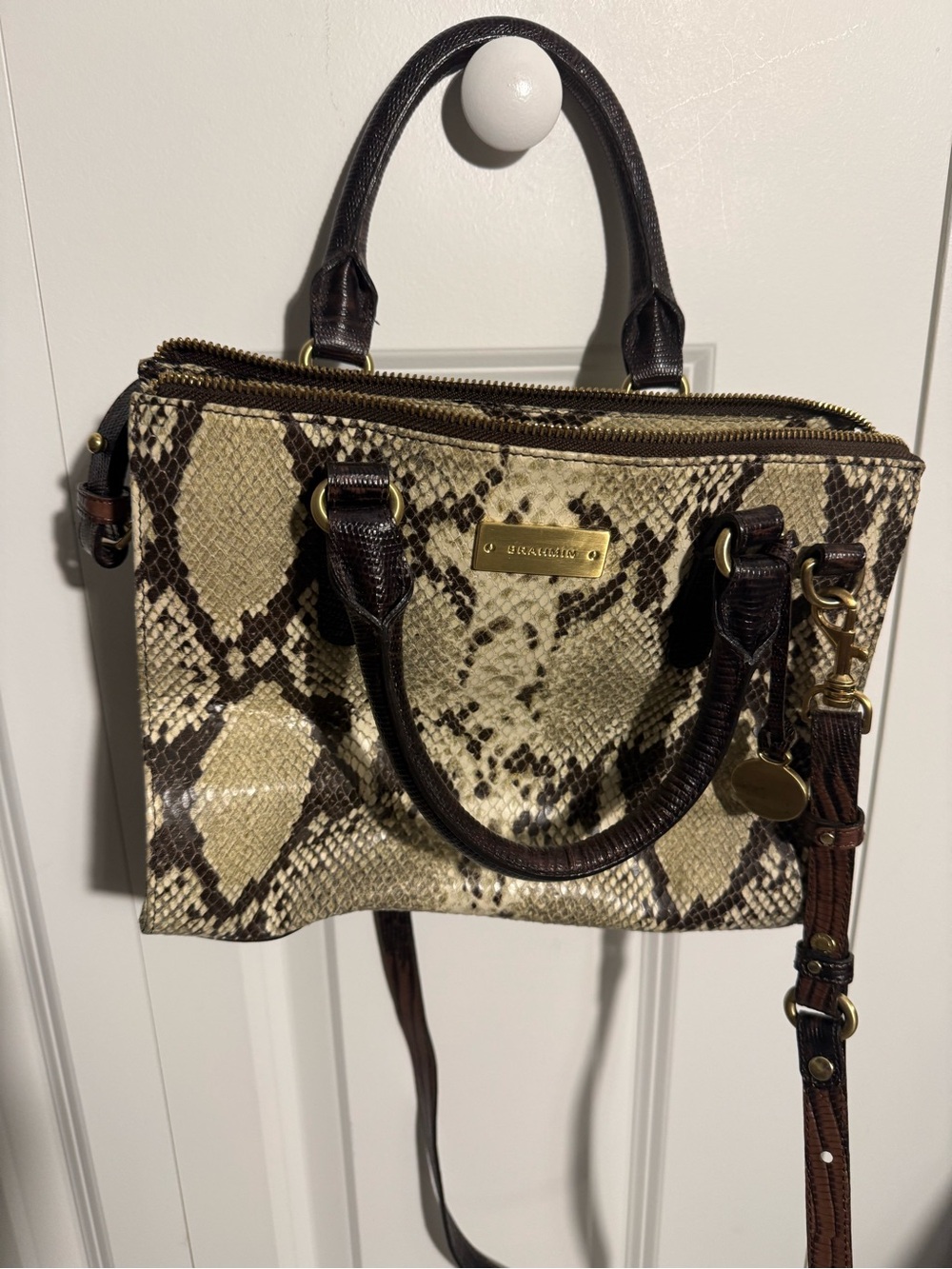 Brahmin Beige and Dark Brown Snake-Print Shoulder Bag